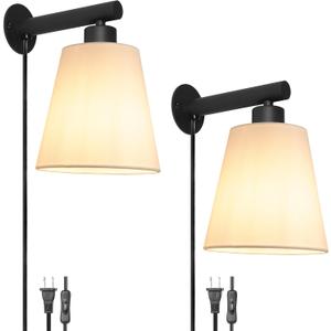 Plug in Wall Sconces Set of Two, Wall Lamp with Plug in Cord, Black Wall Sconce Light Plug in, Bedside Wall Mounted Light with Fabric Linen Shade, Plug in Wall Decor for Bedroom Living Room Plug in Wall Sconces Set of Two, Wall Lamp with Plug in Cord, Black Wall Sconce Light Plug in, Bedside Wall Mounted Light with Fabric Linen Shade, Plug in Wall Decor for Bedroom Living Room