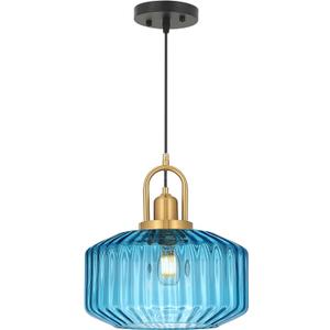 11.8in Mid Century Modern Pendant Light, Gold Large Blue Glass