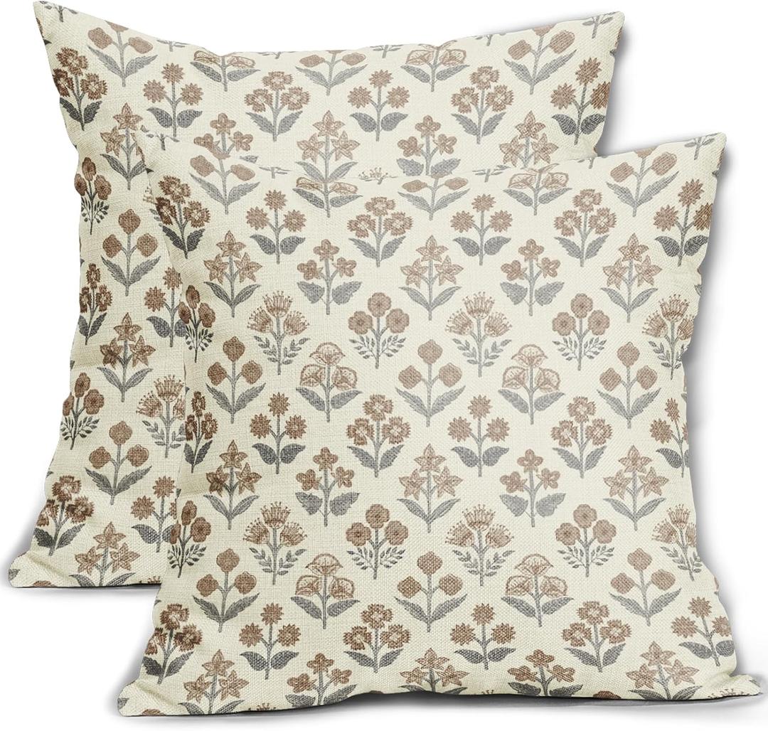 Brown Grey Gray Floral Block Print Pillow Covers 18x18 Inch Set of 2, Vintage Flower Pattern Decorative Throw Pillowcases Outdoor Farmhouse Cushion Covers Spring Summer Rustic Sofa Couch Bed Decor