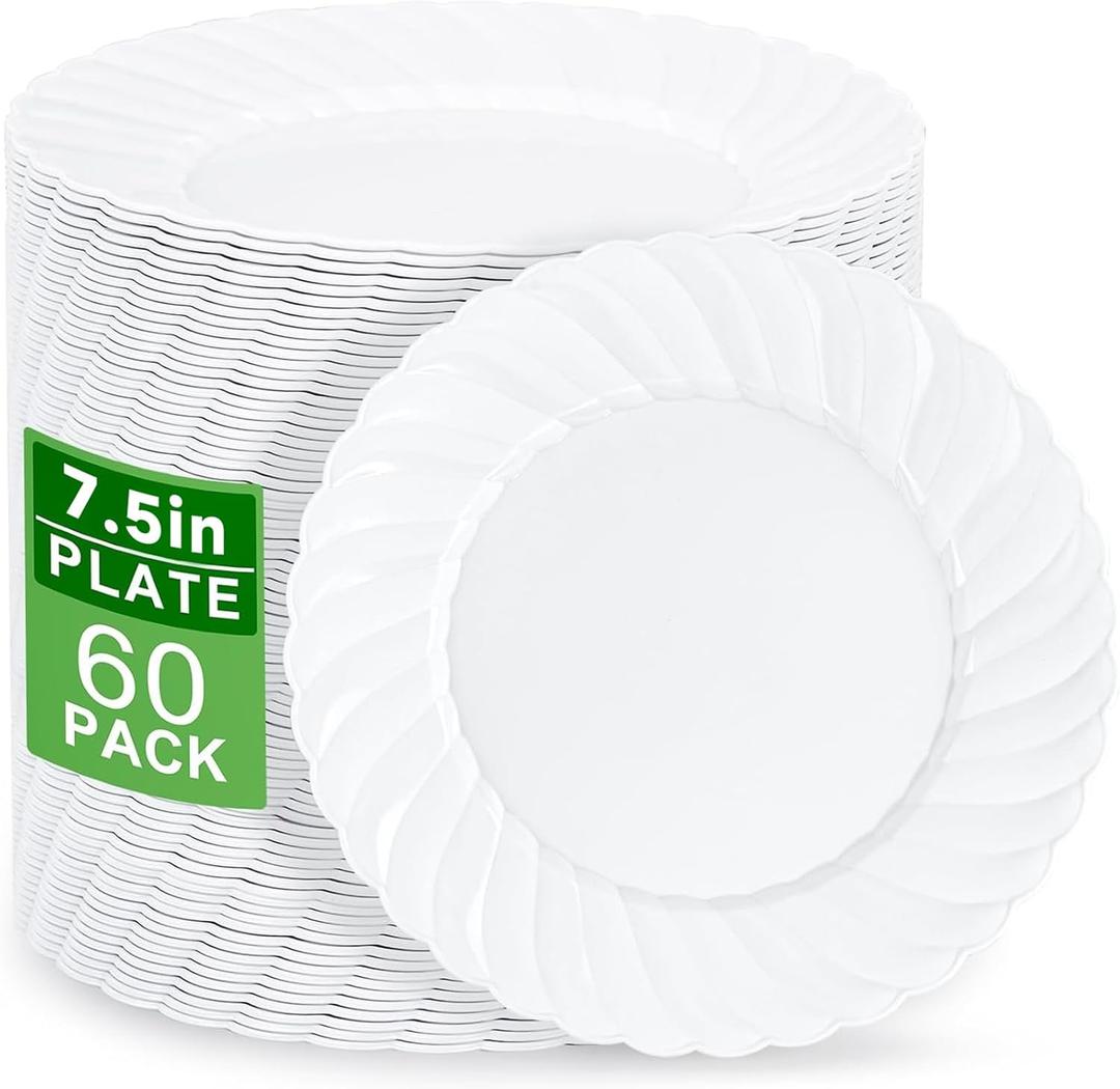 U-QE 60 Count White Plastic Plates for Party - 7 Inch Scalloped Dessert Plates Disposable Heavy Duty - Premium Hard Plastic Appetizer/Cake Plates for Party, Wedding, BBQ, Picnic and Graduation