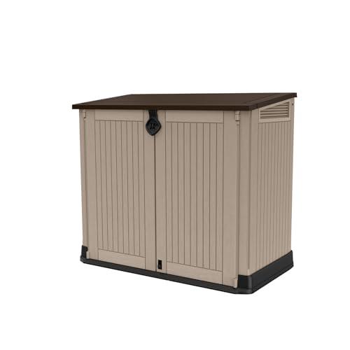 Keter Store-It-Out MIDI Outdoor Resin Storage Shed – Weather-Resistant Horizontal Cabinet for Trash Cans, Garden Tools & Patio Accessories – Lockable, Easy-Lift Lid, 30 Cu. Ft. Capacity, Beige