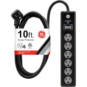 GE 6-Outlet Surge Protector, 10 Ft Extension Cord, Power Strip, 800 Joules, Twist-to-Close Safety Covers, Protected Indicator Light, ETL Listed, Black, 37442