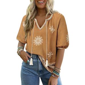 Womens Summer Boho Tops Casual V Neck Short Sleeve Blouses Floral Print Shirt Tie Front Flowy Vacation Clothes Medium