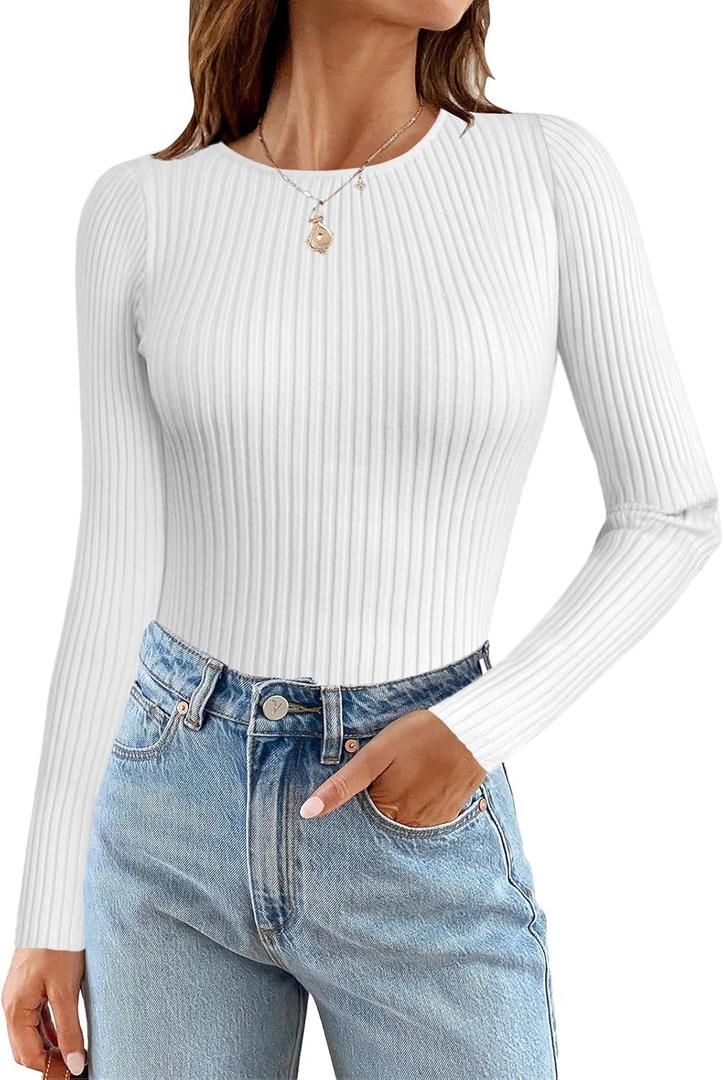 MixShe Womens Long Sleeve Tops Fall Fashion Sweaters 2024 Outfits Sweatshirts for Women Clothes Dressy Casual Crew Neck Shirts Trendy Ladies Tunics White Medium (White, M)