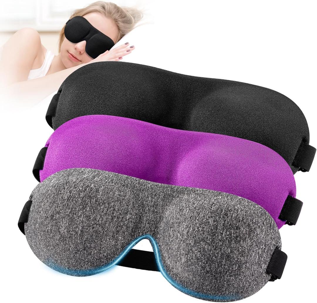 YIVIEW Sleep Mask for Back and Side Sleeper Pack of 3, 100% Light Blocking 3D Eye Masks for Sleeping, Lightweight & Breathable Eye Cover for Women Men, Zero Pressure Night Blindfold (Purple & Black & Gray)