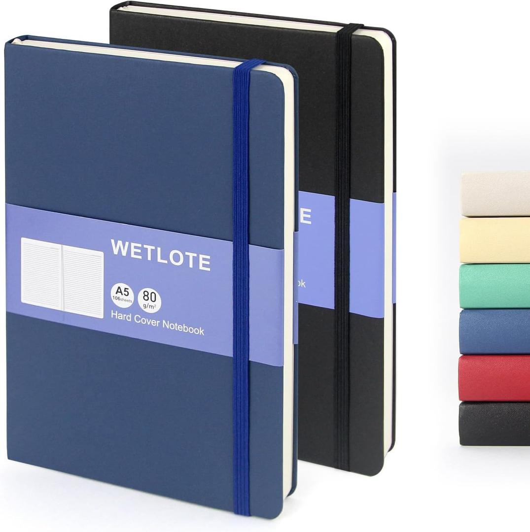 Hardcover Lined Journal Notebook 2 Pack, A5 Notebook College Ruled Writing Journals 208 Pages, Large Lined Notebooks for Women Men School College Office Journaling (Black Blue)