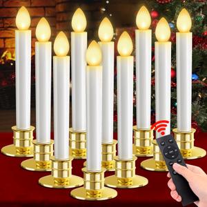 10 Pack Christmas Window Candles Lights Battery Operated Candle Flameless Candles with Remote Control Timer Gold Holders LED Candle for Party Thanksgiving Xmas Table Top Window Christmas Decorations