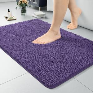LOCHAS Luxury Bathroom Rug Shaggy Bath Mat 24 x 36 Inch, Washable Non Slip Bath Rugs for Bathroom Shower, Soft Plush Chenille Absorbent Carpets Mats, Dark Purple