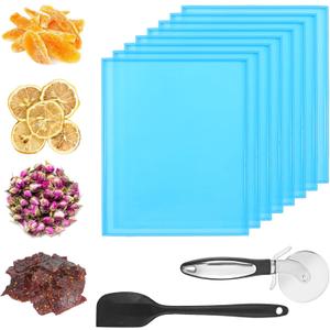 8PCS Silicone Dehydrator Trays with Edge Fruit Leather Trays 12 x 10 Inch Non-stick Dehydrator Mats with Silicone Scraper Cutter Wheel for Fruit Vegetables Meat Herbs and Liquid