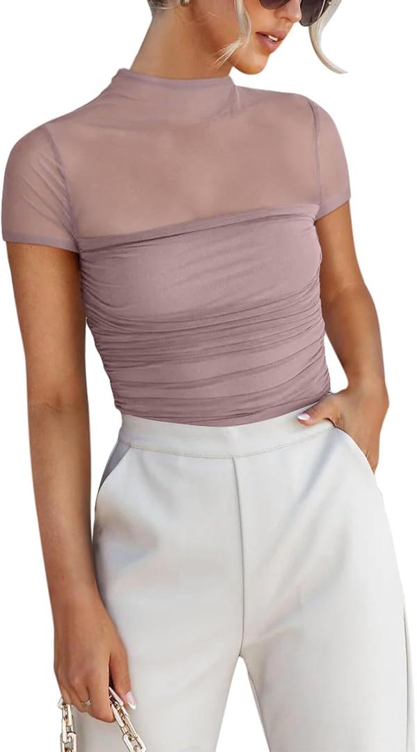 REORIA Women's Sexy Mock Turtle Neck Short Sleeve Shirts Sheer Mesh Ruched Trendy Going Out Bodysuits Tops (Medium, Pantone)