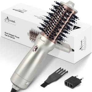 Aima Beauty 4 in 1 Worldwide Travel Hot Air Brush Dual Voltage Blowout Brush Oval Shape 110V-120V/220V-240V Straightener Blow Dryer Brush Ionic Lock Moisture Gift 360 Swivel Cord Champagne Silver
