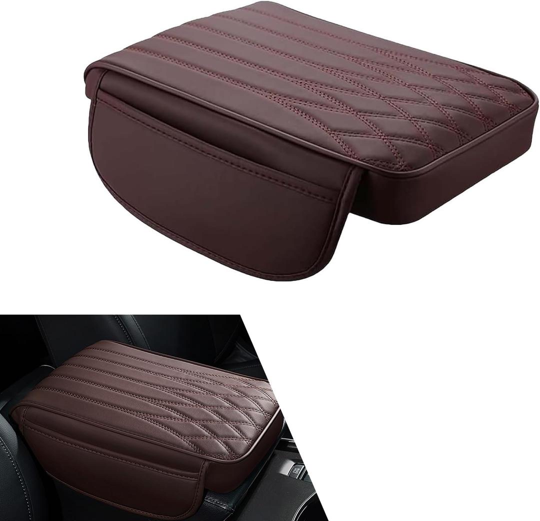 WZP Car Middle Console Cover, Leather Memory Foam Car Arm Rest Cover Pad with Storage Pocket, Waterproof & Anti-Scratch Console Covers for Truck Sedan SUV (Brown)