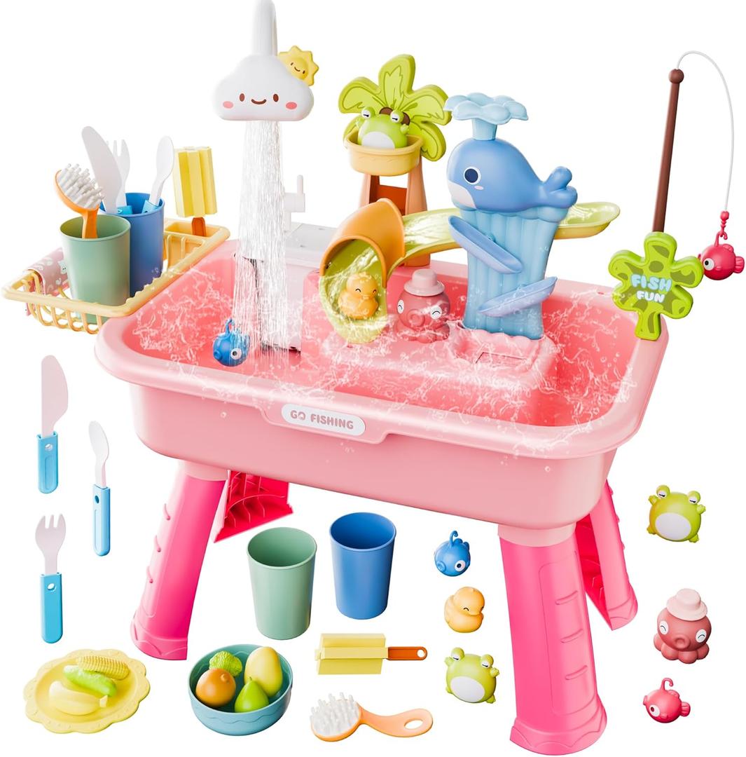 2026 Upgraded Water Table for Toddlers 3+, Water Table for Kids Ages 4-8 with Pump, Play Sink with Running Water, Kitchen Sink for Toddlers, Fishing Game and Outside Sensory Toys (Pink)