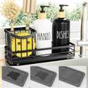 Moforoco Kitchen Dish Soap Dispenser Set, 16OZ Glass Bottle, Hand and Dish Soap Dispenser Set, Instant Dry Tray, Brush Holder with Smiley Face Sponge Holder (Universal Black Tray+Black&White Bottle)