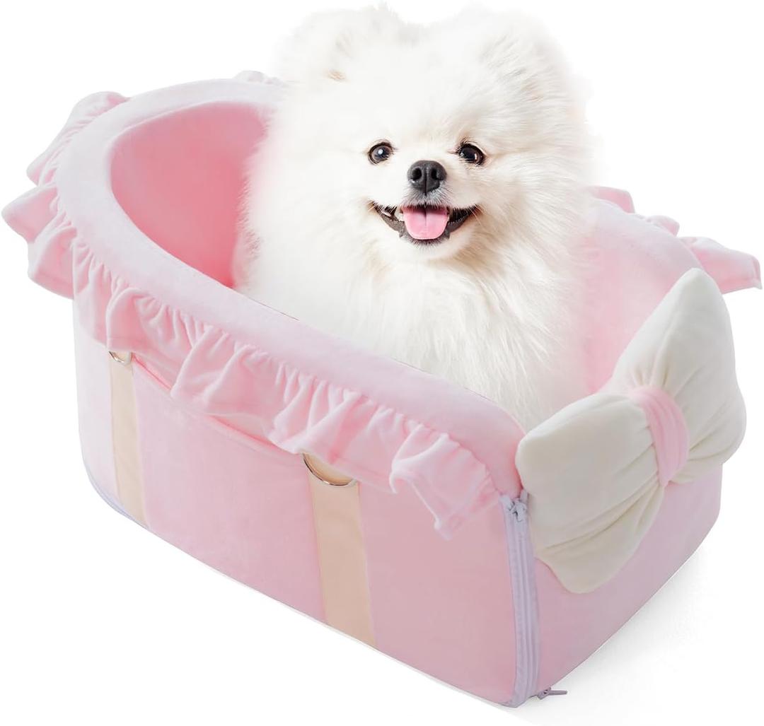 Jaoul Dog Car Seat for Small Dogs - Fully Detachable with Adjustable Straps Center Console Dog Booster Seat - Comfortable Bow Design Pet Car Seats - Portable Pet Booster Seat for Puppy, Cat (Pink)