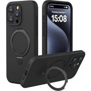 CellEver Strong Magnetic Case for iPhone 15 Pro [for MagSafe Charging] [Camera Protection] Heavy-Duty Protection, Soft Grip Silicone Cover with Kickstand, Black