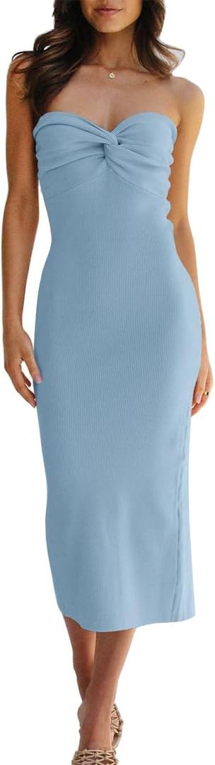 LILLUSORY Knitted Dresses Twisted Front Bodycon Dress with Back Slit (Small, Bkue)