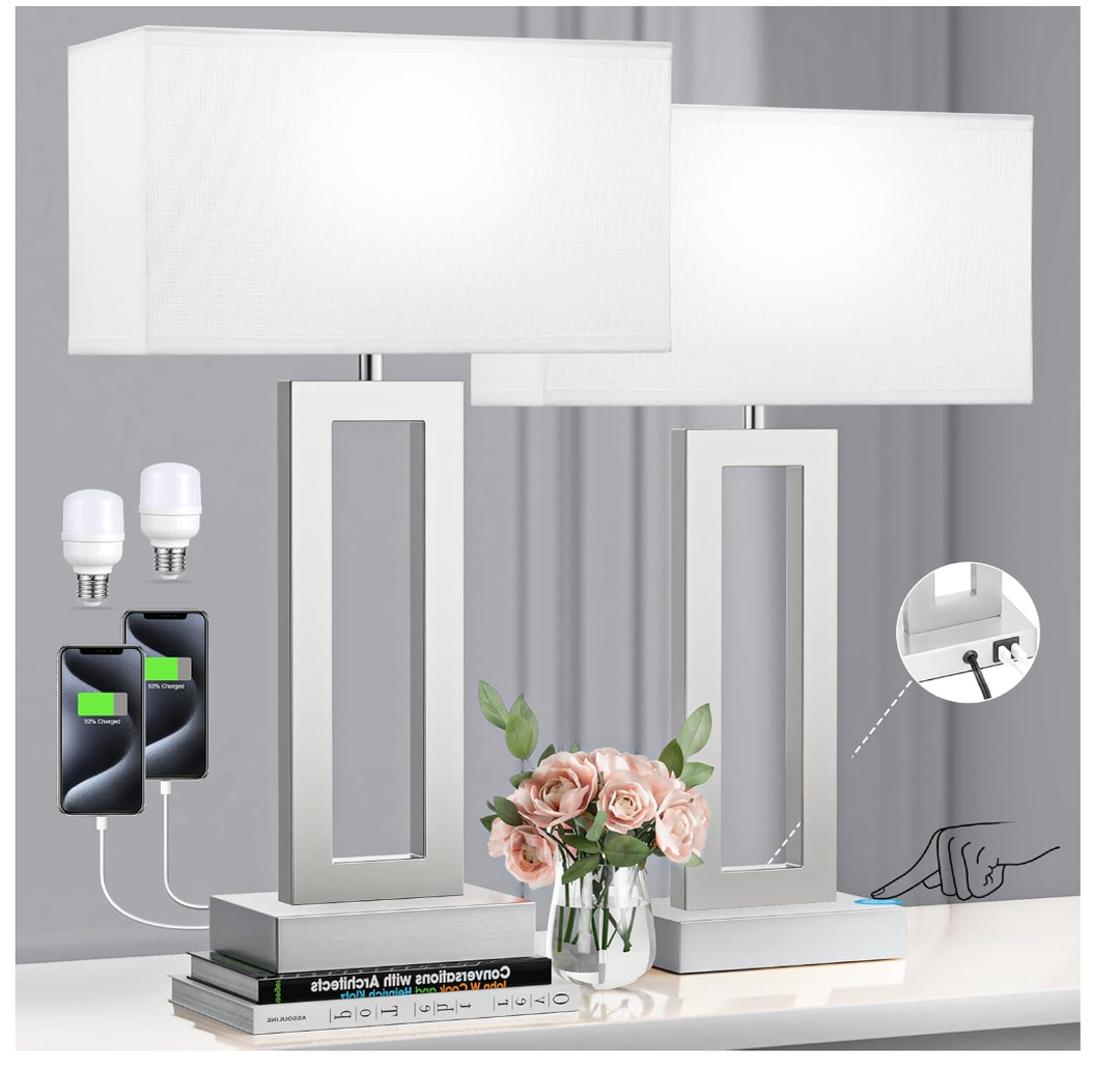 Seealle 22" Tall Bedroom Lamps for Living Room  Touch Brushed Nickel Bedside Lamps with USB C+A, 3 Way Dimmable Lamp for Nightstand, Modern Night Stands Lamps for End Tables(White&Silver)