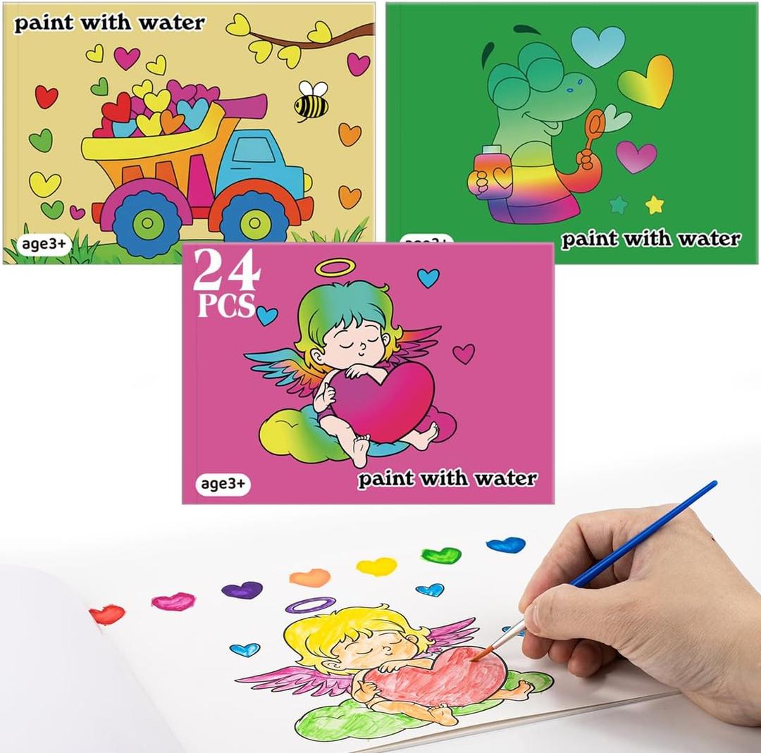 SUMERX Valentines Day Gifts for Kids, 24 Pack Watercolor Coloring Books with Valentines Day Cards, Valentines Crafts Art Supplies for Classroom Prizes School Party Favors