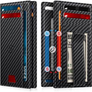 Wallet for Men 14-16 Cards, Men's Leather Wallet, Minimalist Thin Card Holder RFID Blocking Money Clip with Simplified Bill Folder & Magnetic Closure, Gifts for Men, Carbon Fiber