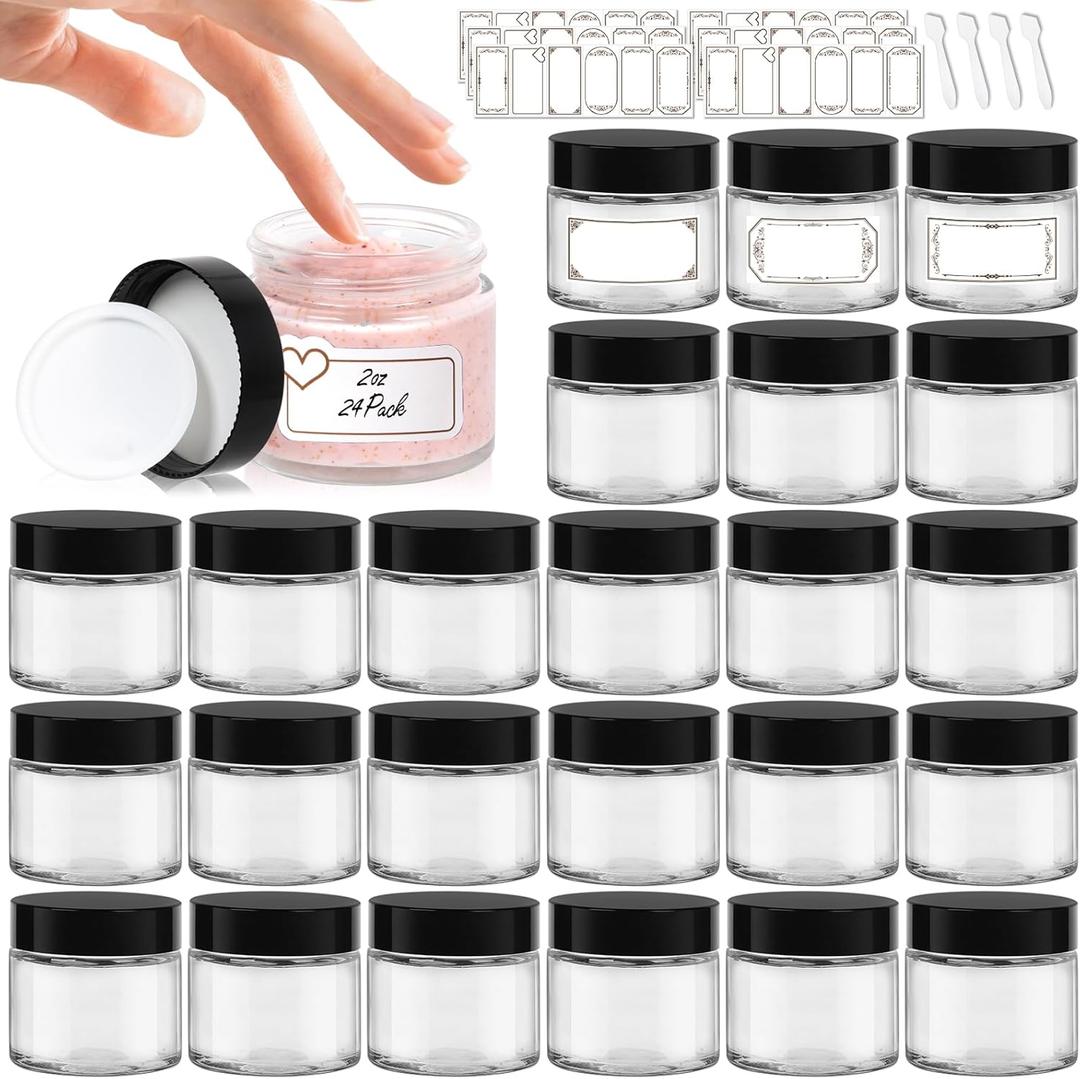 2 oz Small Glass Jars 24 Pack with Black Lids, Durable Clear Comestic Jars with Inner Liners for Creams, Lotions Crafts, DIY Skincare