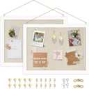 2-Pack Double-Sided Cork Board with Linen, 16" x 12" Hanging Wood Framed Bulletin Board, Picture Display Vision Board Kit Corkboards for Wall School Office Decor, 20 Pushpins (Vintage White)