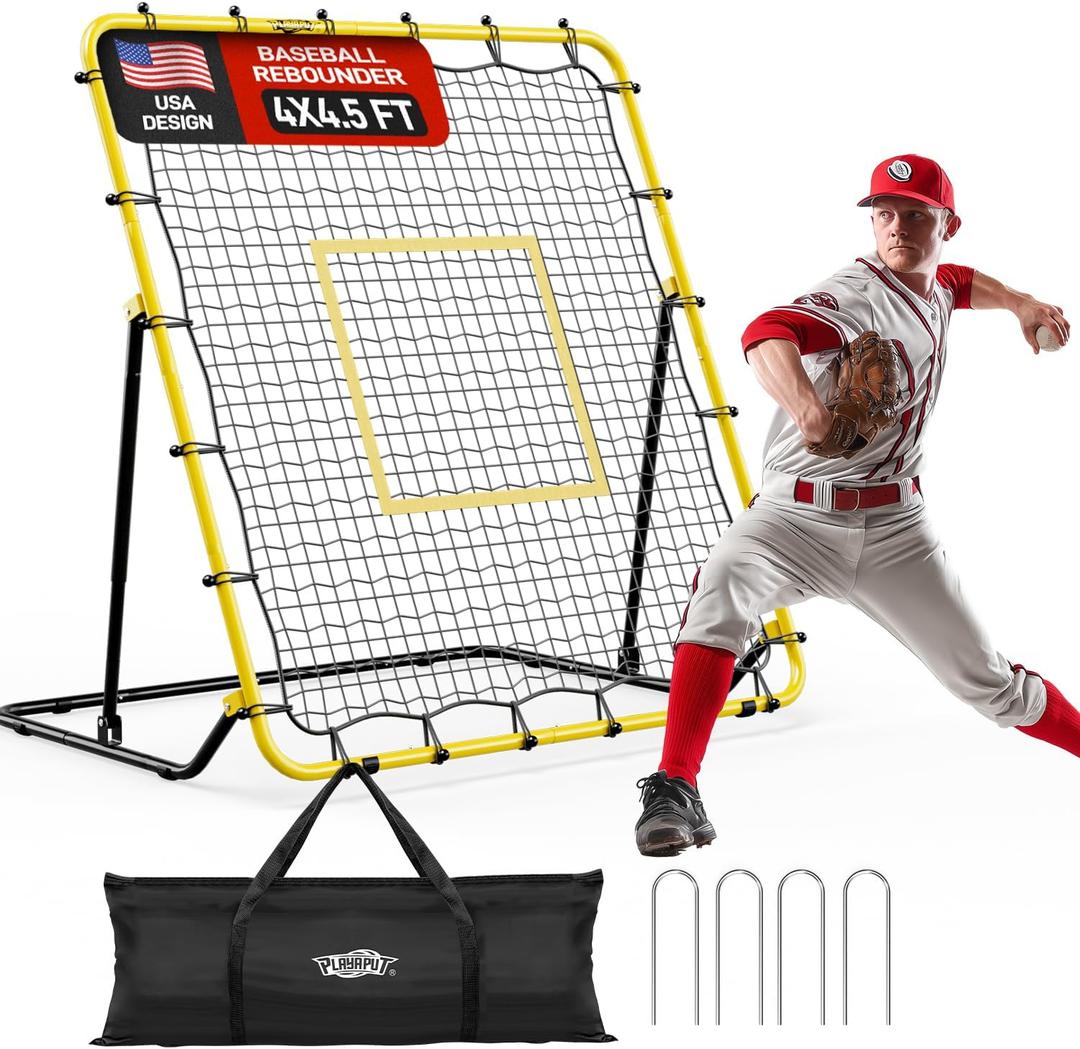PLAYAPUT Baseball & Softball Rebounder Net with Carry Bag7 Angles Adjustable Pitchback for Fly Balls, Grounders & Line Drives, Portable Fielding Trainer4x4.5FT Bounce Back Net for All Players