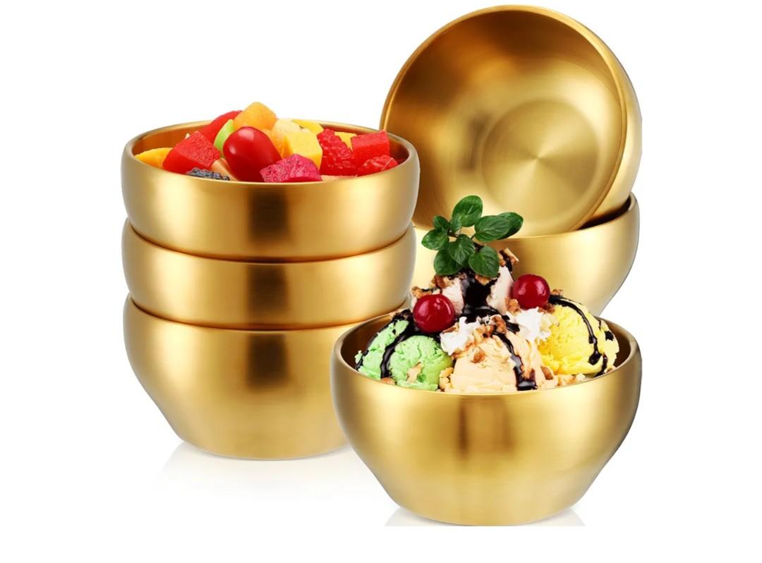 Lallisa 6 Pcs 20 oz 304 Stainless Steel Gold Serving Bowls 5.7" Double Walled Insulated Ice Cream Bowl gold mixing bowls for Rice, Dessert, Pasta, Fruit, Salad, Soup, Cereal, Snack, Dishwasher Safe