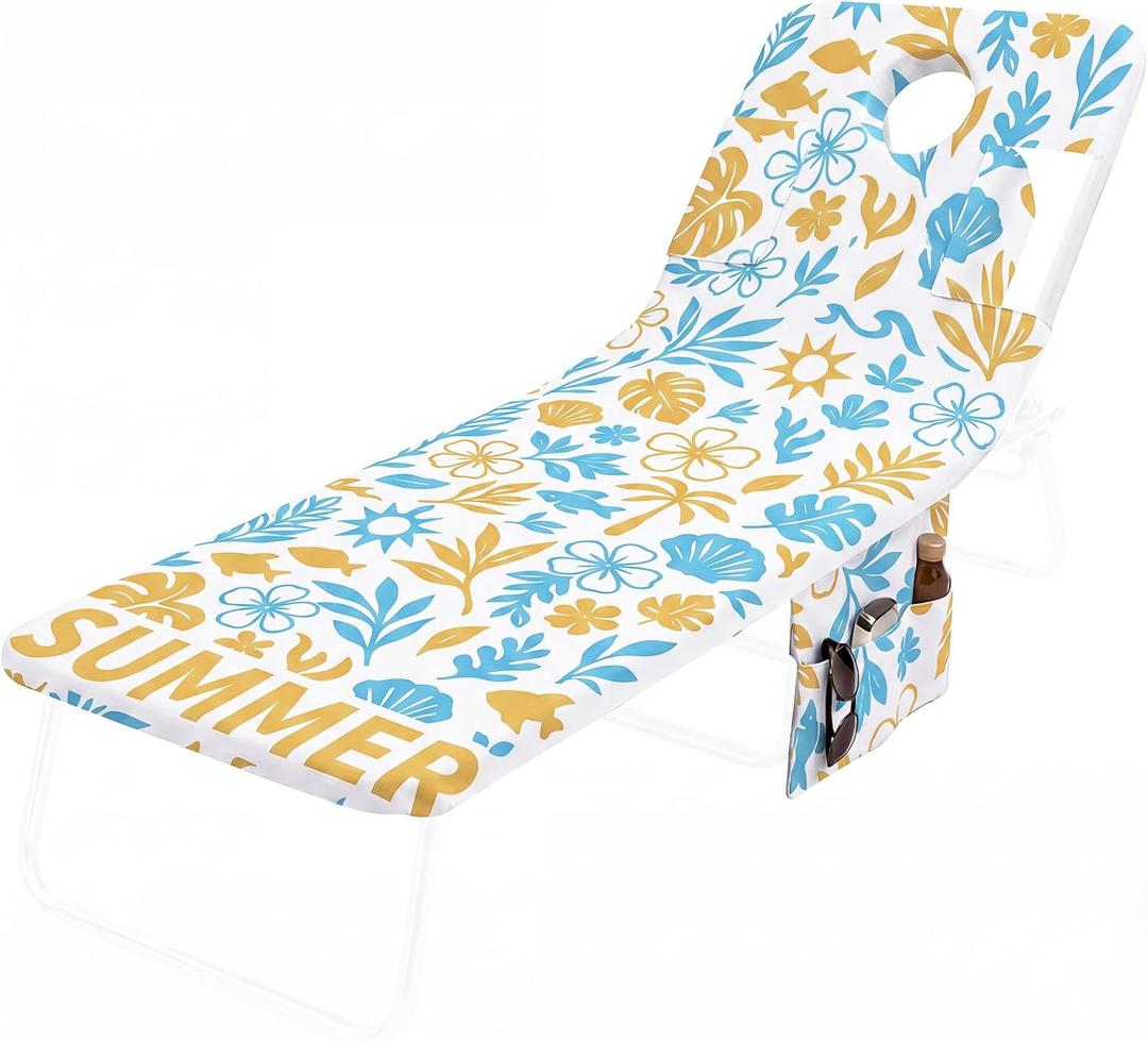 Frienda 1 Pcs 35.5"x74.8" Large Towel Cover for Tanning Chair with Face Hole Boho Oversized Beach Pool Lounge Cover Towel with Pocket Patio for Summer Pool Outdoor No Chair(Summer)