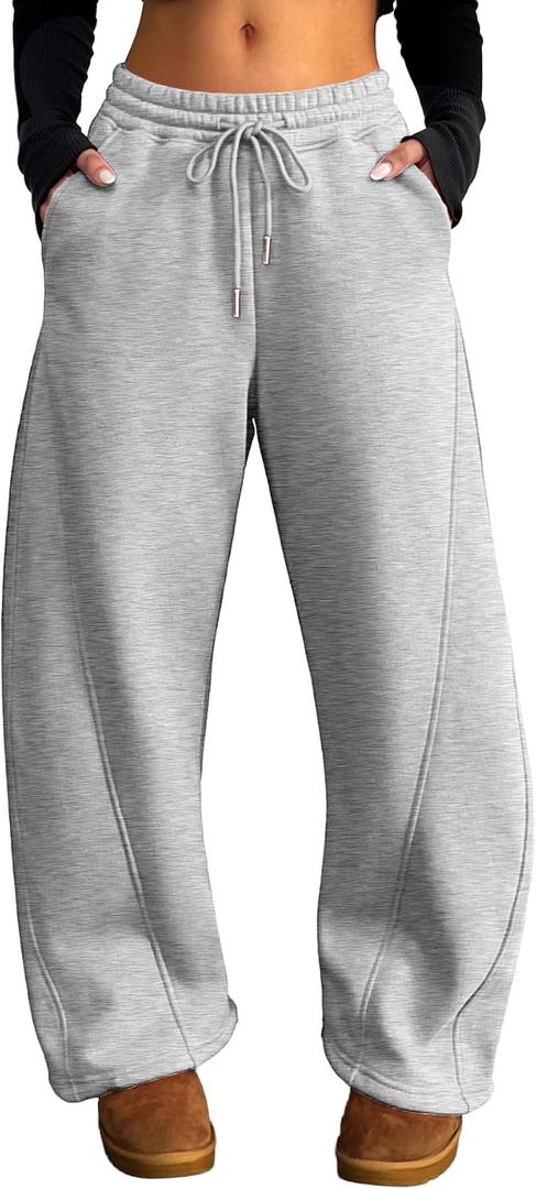 ELLEVEN Women's Fleece-Lined Barrel Leg Sweatpants Pants Casual with Adjustable Ankle Drawstring & Pockets (Gray, S)