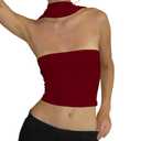 Abasona Women's Sexy Halter Tube Tank Crop Tops Strapless Slim Fitted Y2k Bandeau Top Off Shoulder Basic Cami Shirts Burgundy L