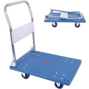 380lbs Small Flatbed Cart, Foldable Platform Truck Dolly with Swivel Wheels,Heavy Duty Moving Platform Hand Truck, Push Cart Platform Dolly Cart for Groceries, Warehouse(27.17" x 18.39" Blue)