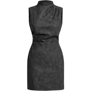Women's PU Leather Ruched Bodycon Dresses Mock Neck Sleeveless Zipper Mini Tank Dress (Large, Dark Grey)