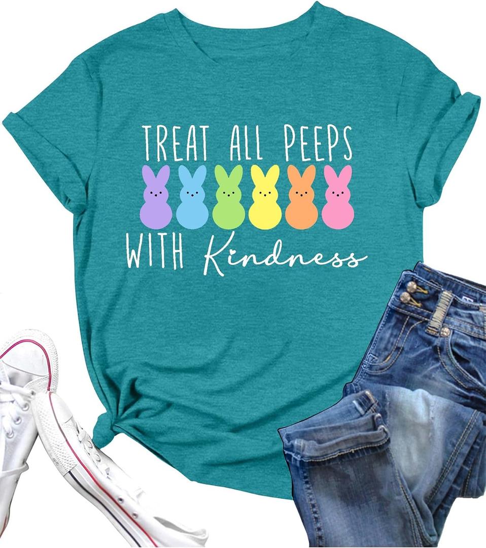 LAZYCHILD Women Easter Teacher Shirts: Funny Treat All with Kindness T-Shirt Bunny Rabbit Tee Tops XL