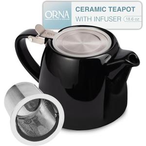 ORNA Ceramic Teapot with Tea Infuser  Small Tea Pot for Loose Leaf Tea  550ml / 18.6 Oz Porcelain Non-Stove Teapot for 2 Cups with Tea Strainer (Black)