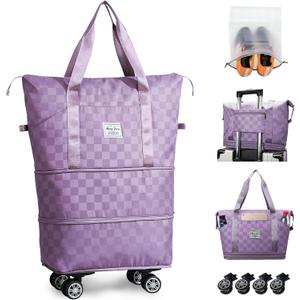 Rolling Duffle Bag with Wheels and Shoe Bag Expandable Foldable Travel Duffel Bag Carry on Luggage Bag Checkerboard Weekender Bag for Men Women