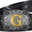 TRIWORKS Cowboy Belt for Men Women Western Belt Initial Letter A to Z Buckle with Engraved Cowboy Leather Belt (Fit Waist Size 34"-38")