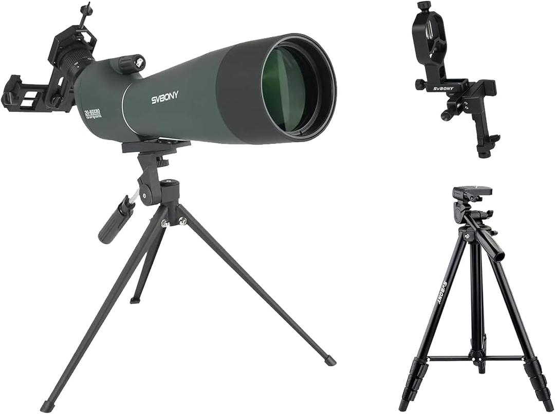 SVBONY SV28 20-60x80 Spotting Scopes Bundle with SV101 Tripod and SV214 Pro 3-Axis Phone Adapter for Bird Watching, Target Shooting, Wildlife Viewing