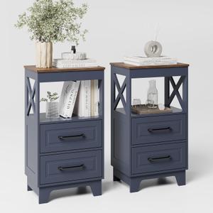 Tall Nightstand Set of 2 Side Table with 2 Drawers Modern Night Stand Wooden Rustic End Table Bedside Table with Upper Open Shelf Solid Feet for Bedroom,Navy Blue+Walnut