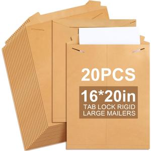 20 Pack 16x20 in Tab Lock Rigid Mailers Extra Large Sturdy Keep Flat Mailers Cardboard Envelopes Kraft Paper 250 Gsm for Shipping Photos, Packing Documents, Gift Cards, Cds, Art Prints