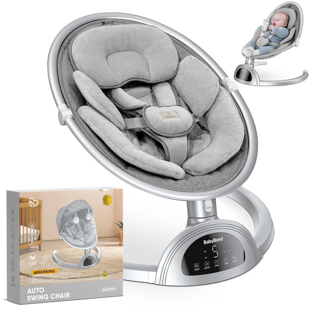 BabyBond Baby Swings for Infants, Bluetooth Infant Swing with Music Speaker, 3 Seat Positions, 5 Point Harness Belt, 5 Speeds and Remote Control - Portable Baby Swing for Indoor and Outdoor (Silver)