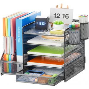 Marbrasse 5-Tier Paper Letter Tray Organizer with Drawer and Pen Holder, Mesh Desktop Organizer and Storage with Magazine Holder for Office Supplies (Grey) (Gray)