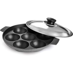 DBY Appam Patra Paniyaral Non-Stick Paniyaram Paniyarakkal Aebleskiver Pan with Stainless Steel Lid 7 Balls