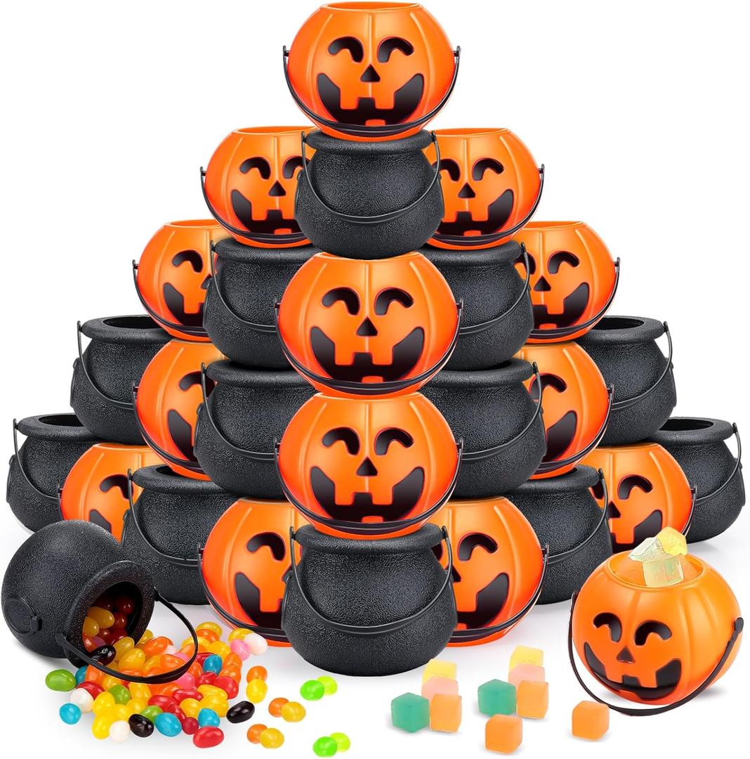 Liliful 36 Pcs Halloween Mini Pumpkin Bucket Jack O Lantern Witch Cauldron Small Spooky Halloween Candy Cauldron Pot Portable Pumpkin Buckets for Party Favors