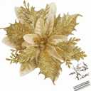 GREENTIME 12 Pcs Glitter Poinsettia 5.5" Artificial Flowers Christmas with Clips Stems Xmas Tree Ornaments for New Year Party Stairs Fireplace Porch Balcony Garden Church Wreath Decoration (Golden)