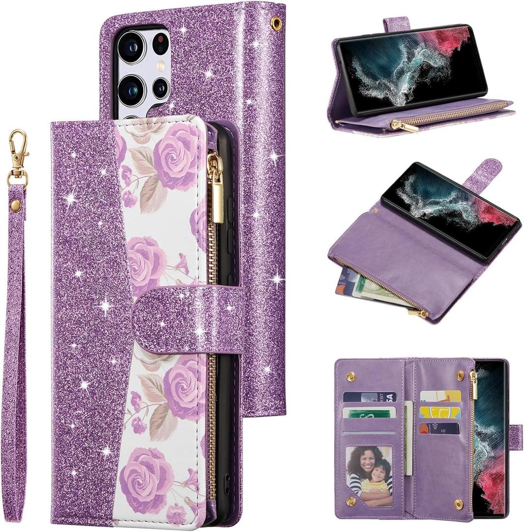 UEEBAI Wallet Case for Samsung Galaxy S25 Ultra 5G, PU Leather Wallet Magnetic Closure Handbag Zipper Pocket Cover Kickstand Card Slots with Hand Strap Rose Flip Case for Women - Bling Purple UEEBAI Wallet Case for Samsung Galaxy S25 Ultra 5G, PU Leather Wallet Magnetic Closure Handbag Zipper Pocket Cover Kickstand Card Slots with Hand Strap Rose Flip Case for Women - Bling Purple