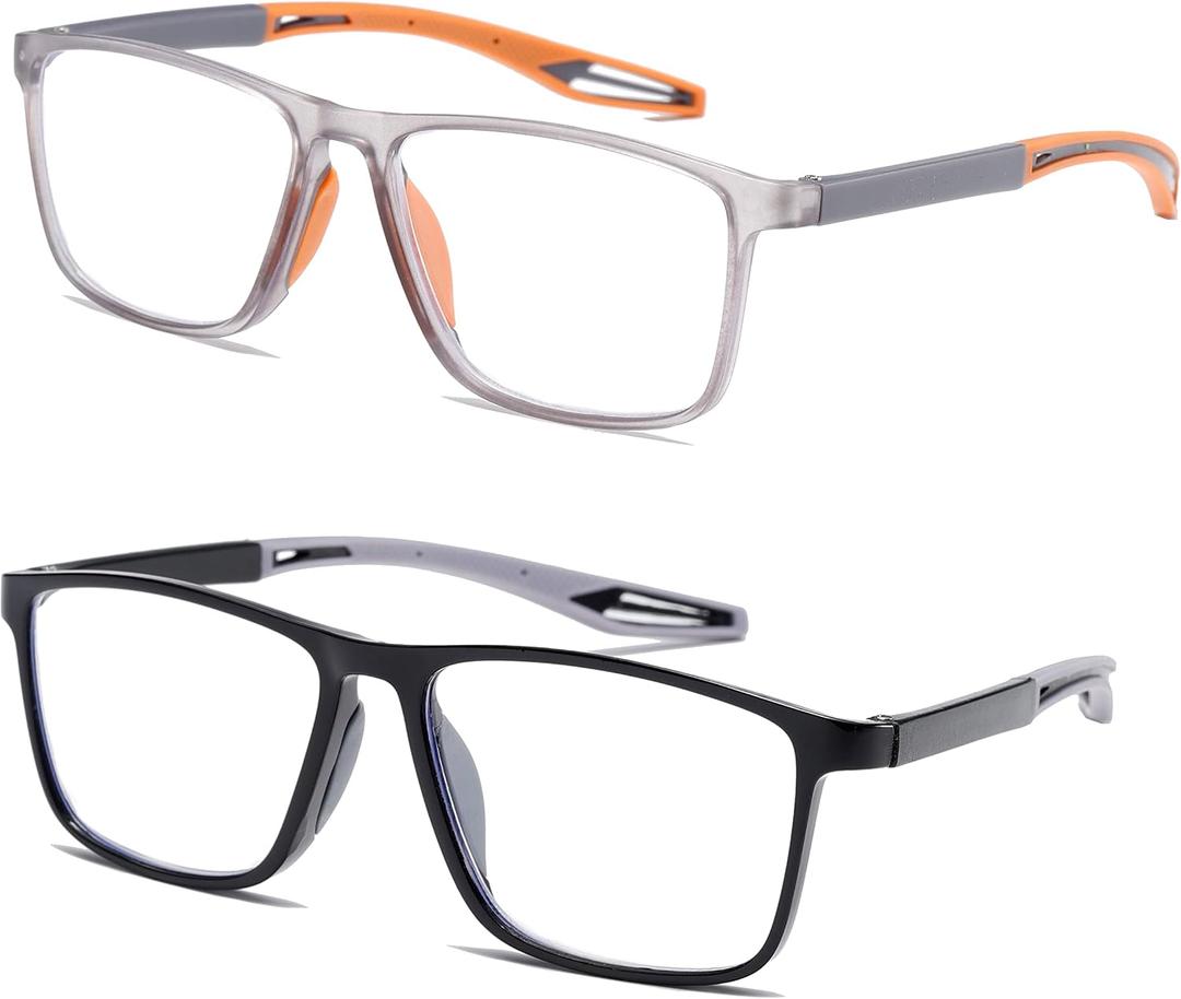 Reading Glasses Men 2 Pairs Sports Style Comfortable and Flexible Blue Light Blocking Readers for Men (Black & Grey)
