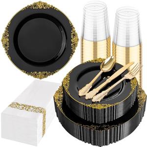 Hioasis 175pcs Black and Gold Plates - Black Party Plates for 25 Guest, Include 50 Heavy-duty Plates(20% Thicker Than Standard), 75 Cutlery Set, 25 Napkin, 25 Cups