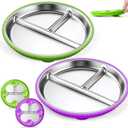 Stainless Steel Kids Plates with Suction, 2Pack 9" Divided Toddler Plates Removable Non Slip Silicone Sleeves Baby Feeding Led Weaning Supplies, BPA Free, Unbreakable Dishwasher Safe (Purple & Green)