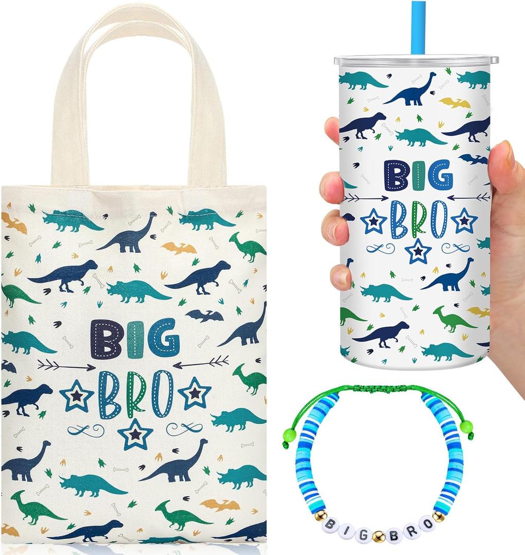 Shinylin 3 Pcs Big Brother Gift for Boy 12 oz Big Brother Cup Blue Stainless Steel Mug Vacuum Insulated Tumbler with Leakproof Lid and Straw Canvas Tote Bag and Bracelet for Little Boys